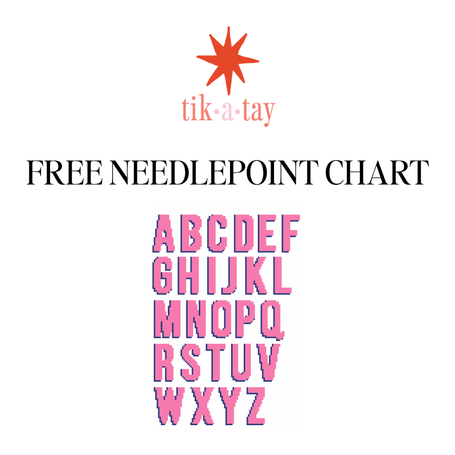 Free needlepoint alphabet chart with modern chunky letters and optional shadow from Tikatay.