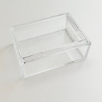 Clear acrylic box with photo lid on a white surface.