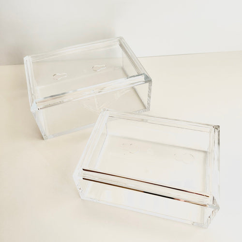 Two clear acrylic boxes for needlepoint with a white background