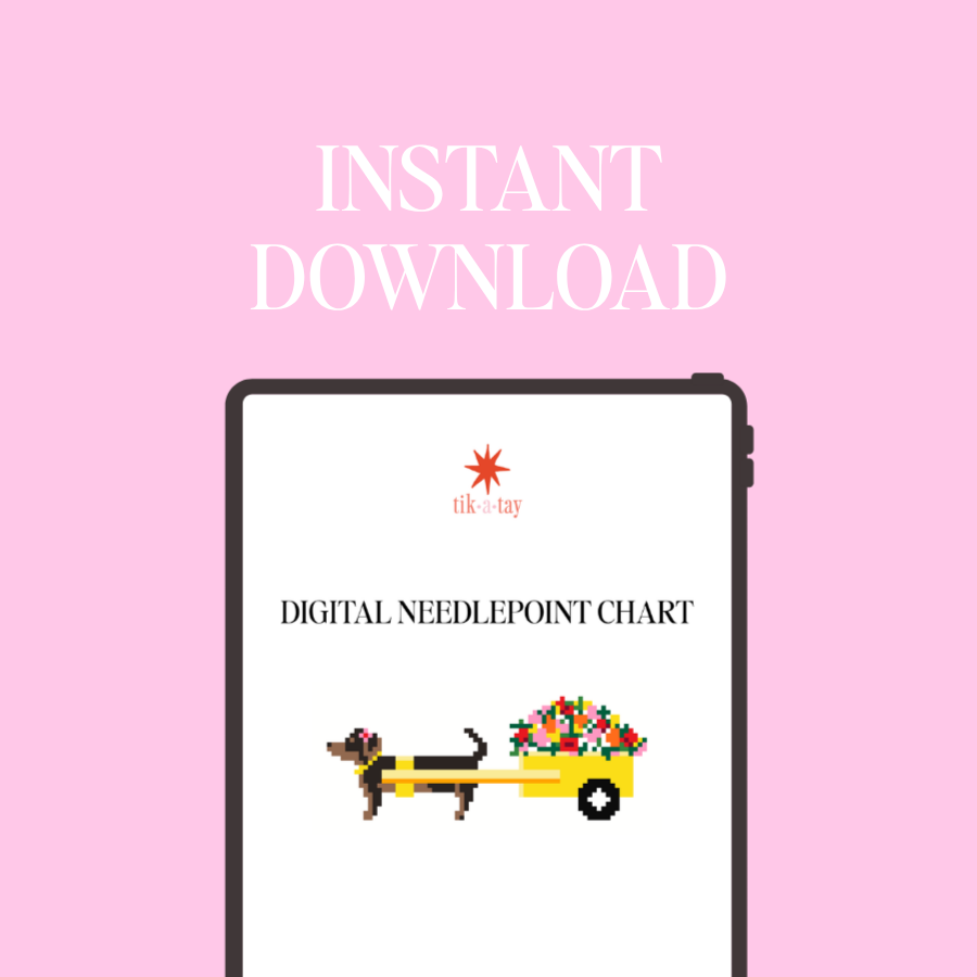 Digital needlepoint chart of a dachshund pulling a yellow flower cart.