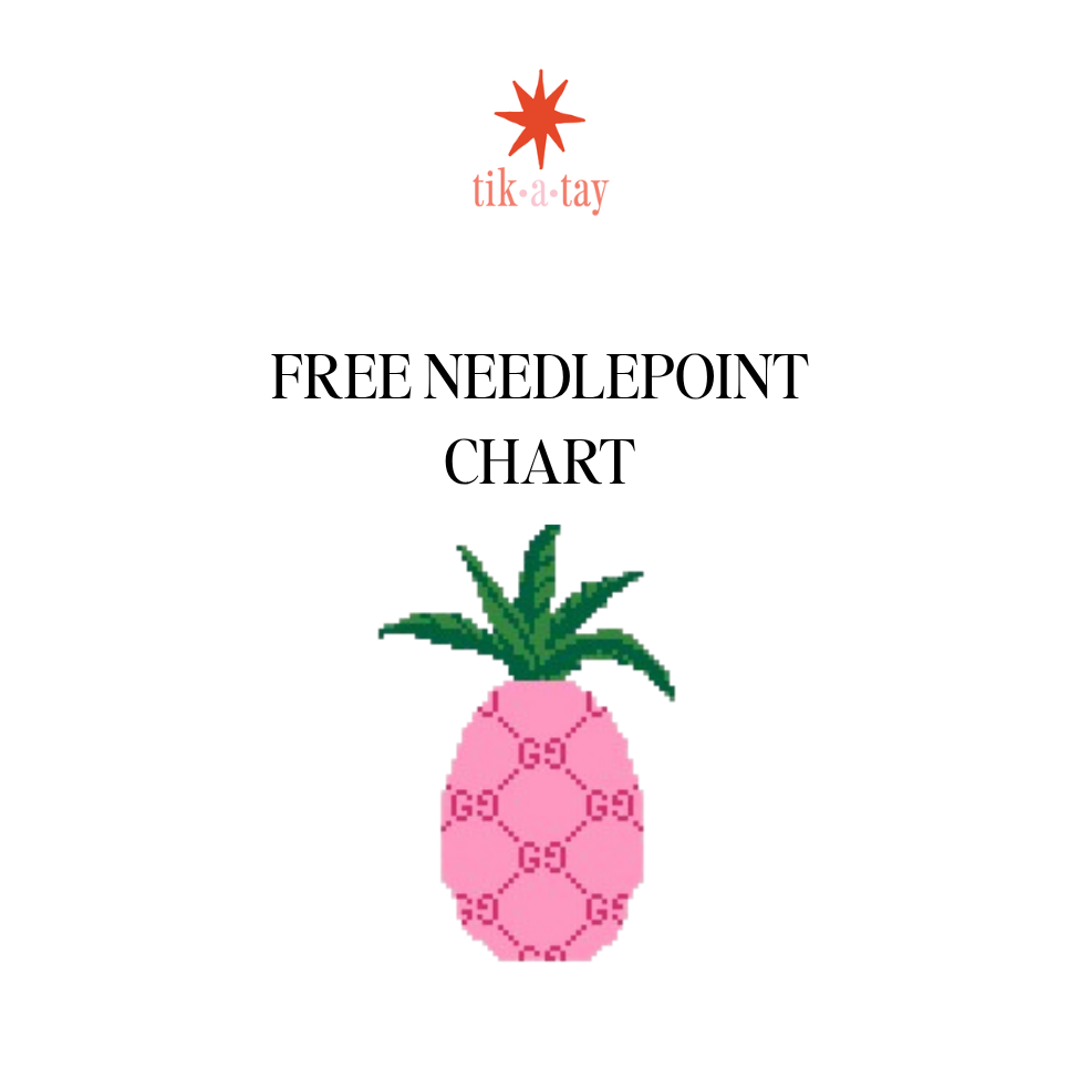 Free Needlepoint Chart of a pink pineapple with a GG logo on the body from Tikatay Needlepoint