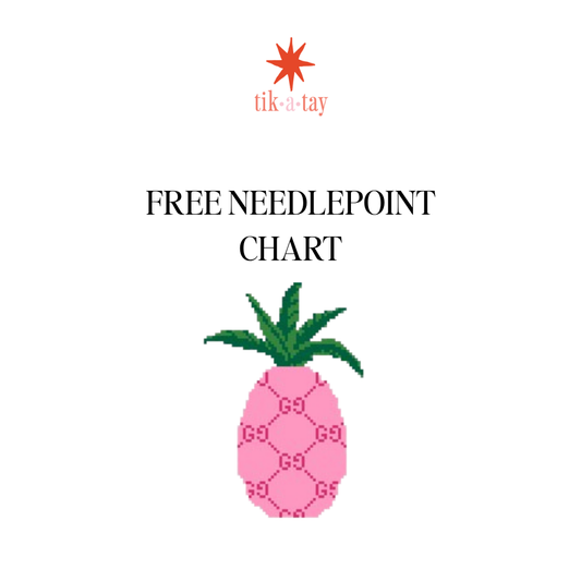 Free Needlepoint Chart of a pink pineapple with a GG logo on the body from Tikatay Needlepoint