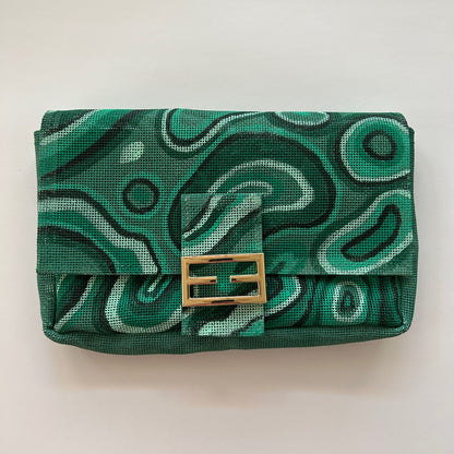 Hand-painted malachite needlepoint bag with gold hardware