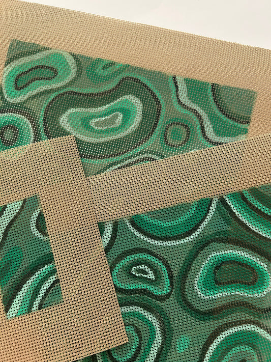 Hand painted malachite pattern on penelope needlepoint canvas