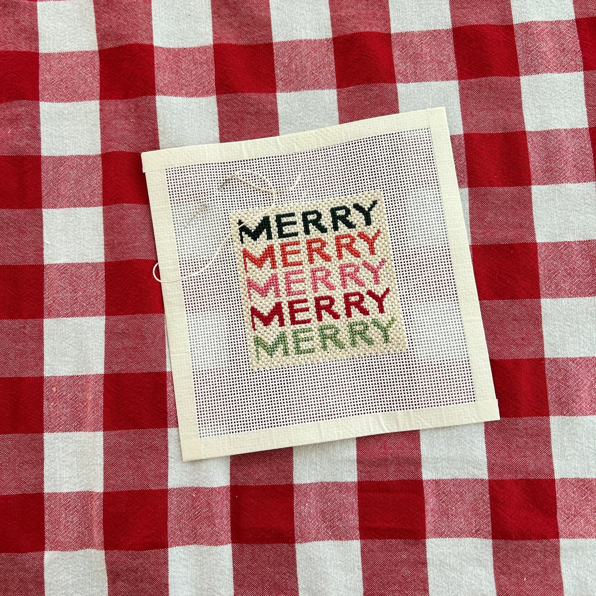 Needlepoint canvas featuring the words Merry in pinks, reds and greens in a modern font.