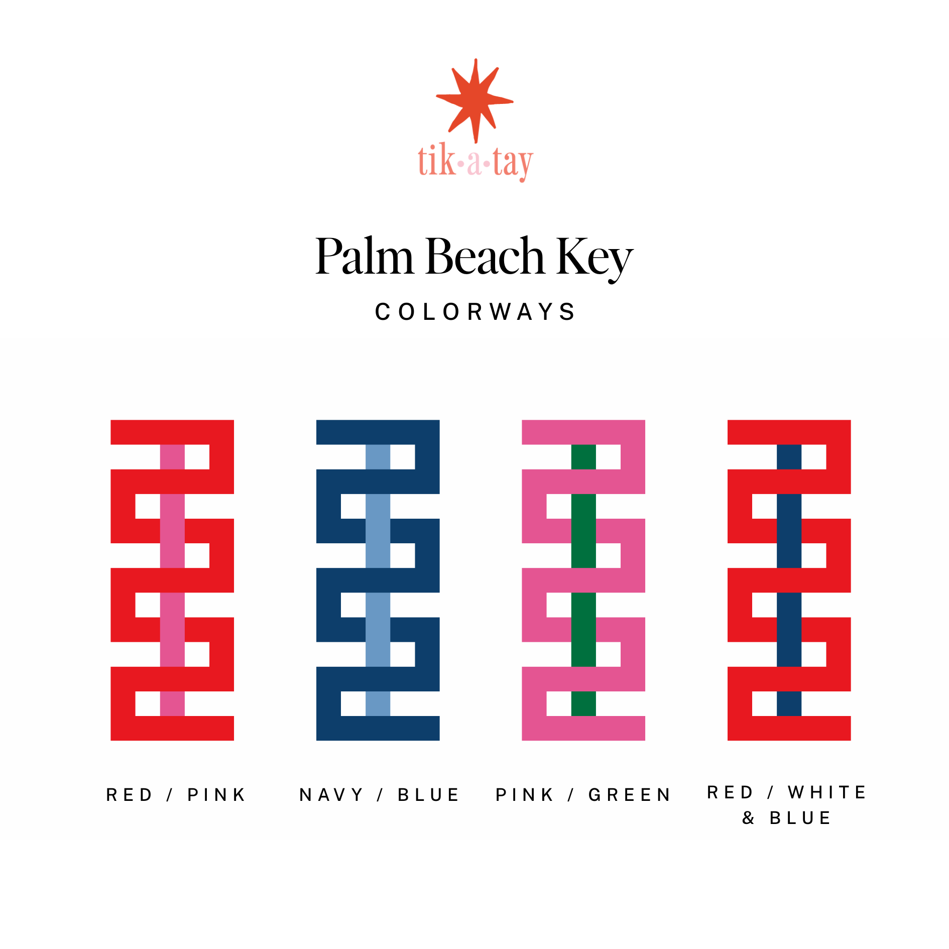 Colorways for the Palm Beach Needlepoint pattern in red/pink, navy/blue, pink/green and red/white/blue