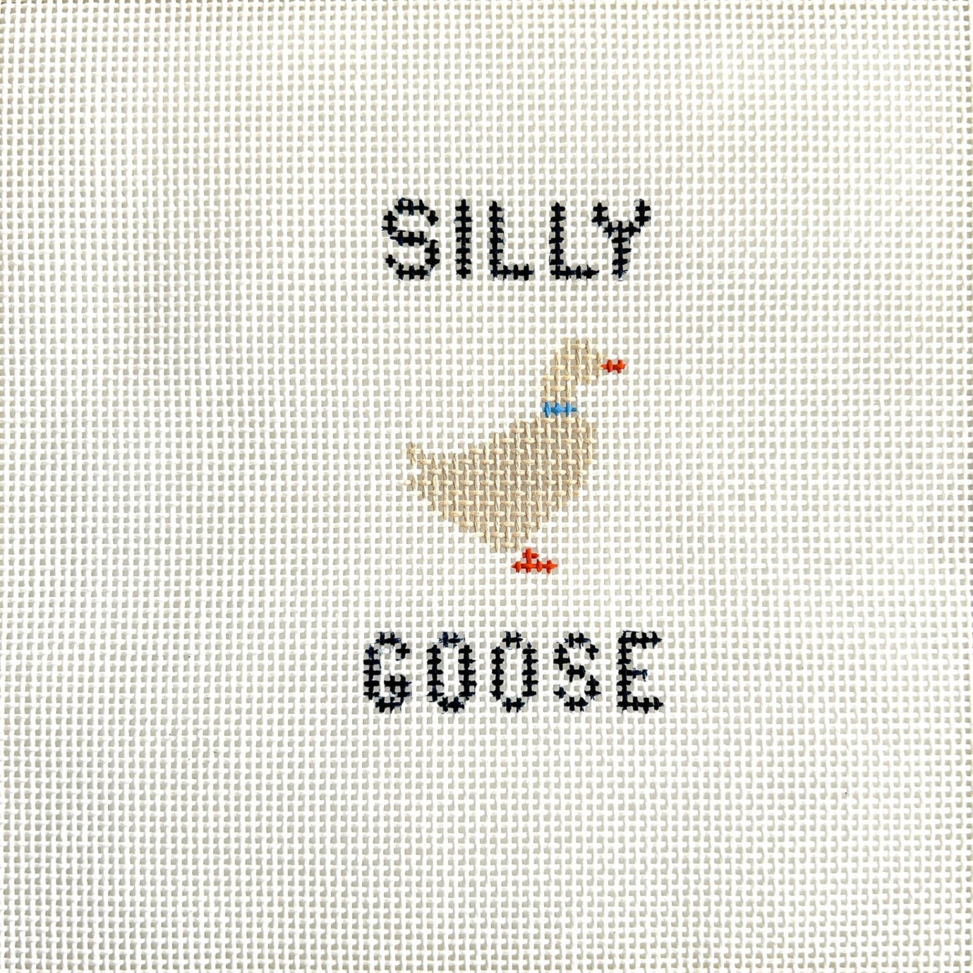 Silly goose canvas with the words silly goose and a needlepoint design of a cream colored goose with a blue ribbon.